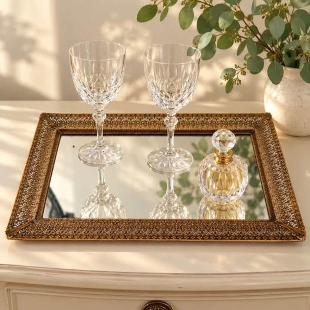 Vintage Gold Filigree Mirrored Vanity Tray